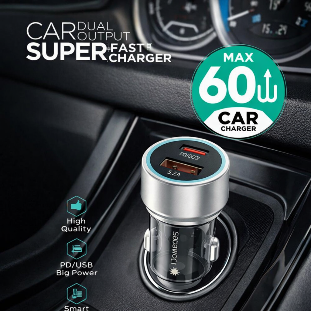 Sabawoon S134 60W Original Car Charger Adapter – PD + USB Dual Port