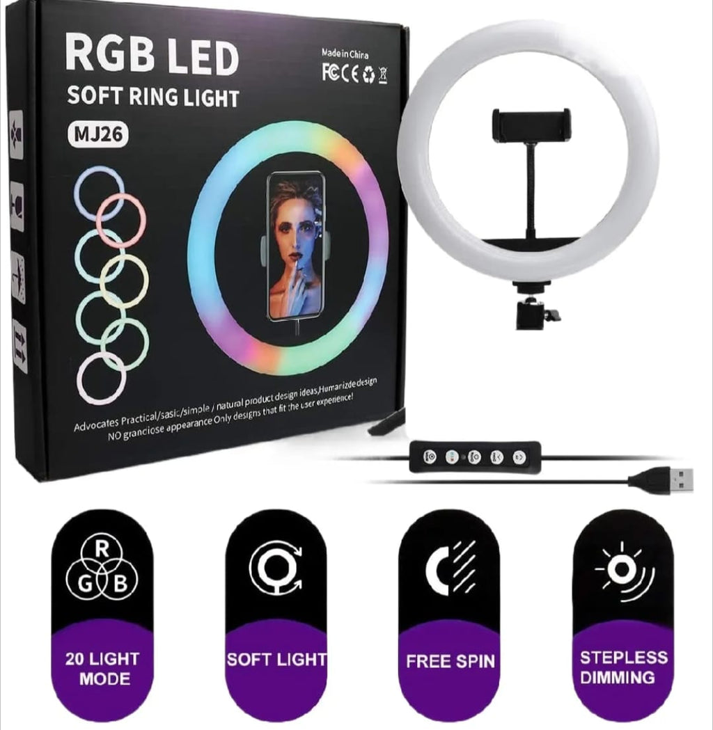 RGB Ringlight 26 CM MJ26 With Mobile Holder Adjustable Lighting For Photography Video Recording Makeup And Live Streaming | With Stand 7 Feet