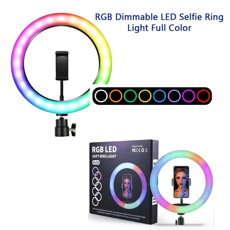 RGB Ringlight 26 CM MJ26 With Mobile Holder Adjustable Lighting For Photography Video Recording Makeup And Live Streaming | With Stand 7 Feet